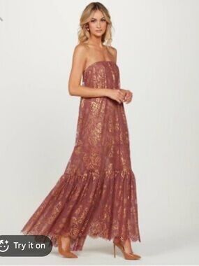 Strapless Floral Lace Maxi Dress in Mauve with Gold Accents